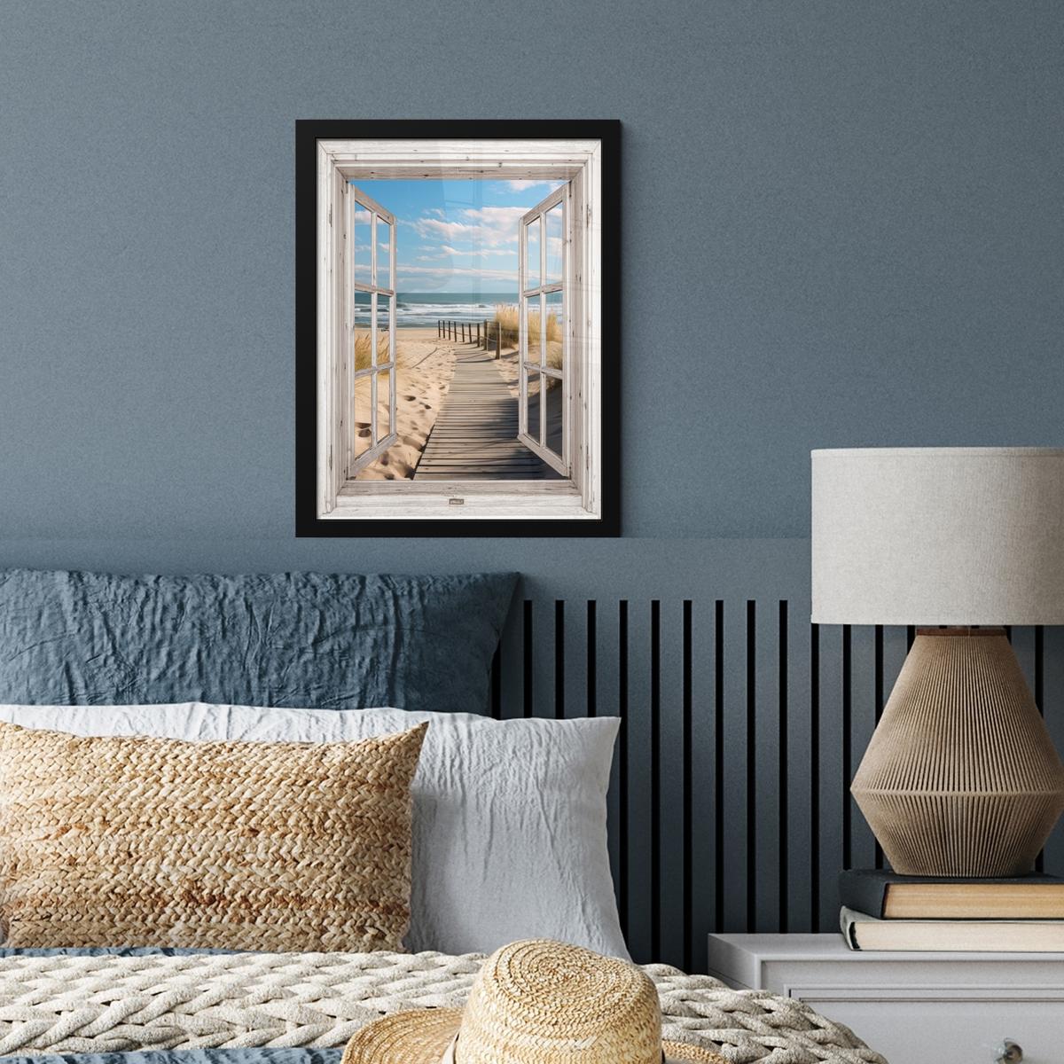 POSTER MIT RAHMEN Fenster - Meer - Küste - Natur - Ausblick - Strand - Wattenmeer Bilderrahmen 30x40 cm - Beige, Papier (30/40cm) - MuchoWow