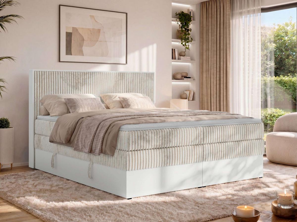 BOXSPRINGBETT TRAVIT KING 200/200 - Beige Cord - Topper Visco - H3 - Beige/Schwarz, Kunststoff/Textil (200/200cm) - MKS