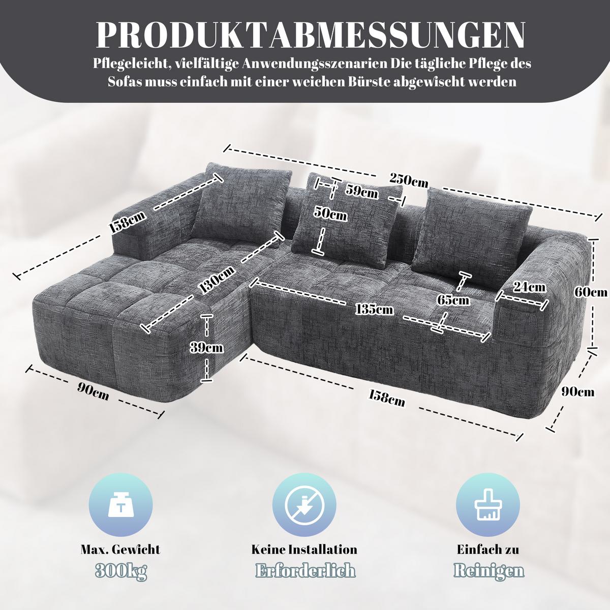 ECKSOFA chenille L-form mit chaiselongue & 3 kissen - Grau, Textil (250/158cm) - Urban Meuble
