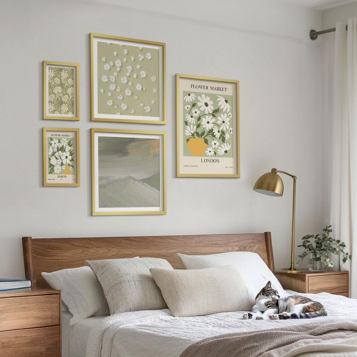 BILDER SET 5er Set - 50x50 cm & 20x30 cm & 40x60 cm Goldrahmen - Florale Abstraktionen im Boho-Stil - Goldfarben, Kunststoff (40/60cm) - TULUP