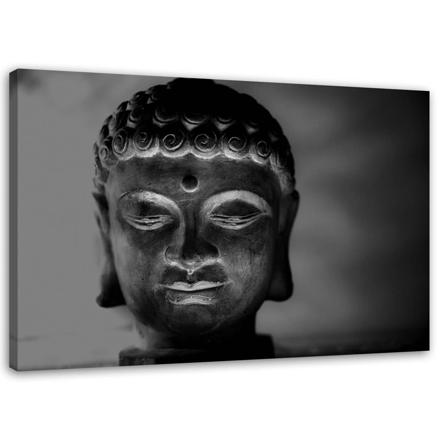 BILD AUF LEINWAND Buddha Kopf Feng Shui 60x40cm - Grau, Textil (60/40cm) - Feeby