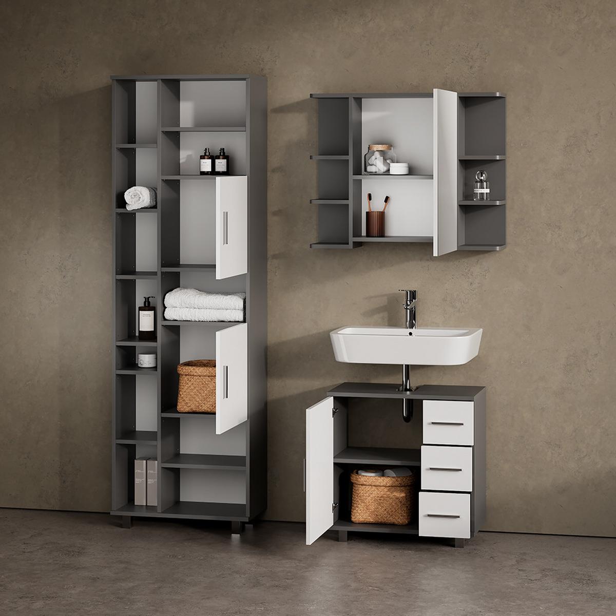 BADMÖBEL-SET Eisak Anthrazit 3 Teile, mit Hochschrank - Anthrazit, Holzwerkstoff (60/60/33cm) - Livinity®