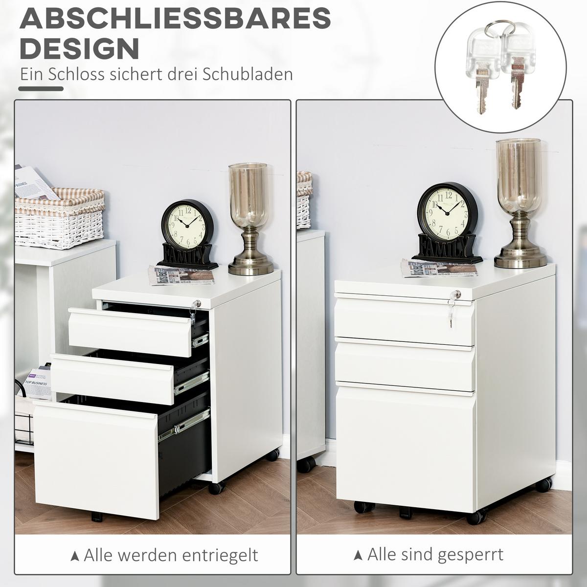 AKTENSCHRANK mit Rädern, konkavem Griff, für Home-Office, Stahl, Weiß - Weiß, Metall (48/60/39cm) - Vinsetto