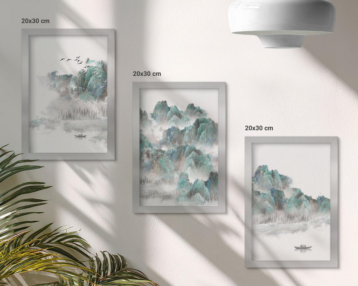 BILDER SET 3er Set - 20x30 cm Silberner Rahmen - Berge, Wolken, Vögel, Boot, Japandi - Silberfarben, Kunststoff (20/30cm) - TULUP