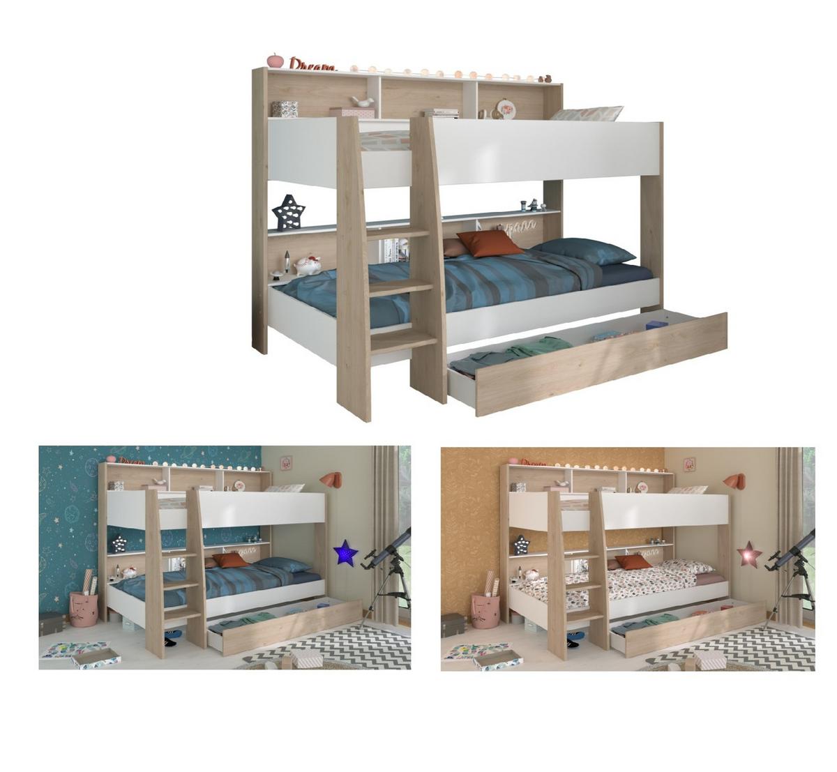 ETAGENBETT weiß, Eiche 90 x 200 cm, Jugendzimmer Hochbett mit Stauraum - Eichefarben/Schwarz, Holzwerkstoff/Kunststoff (90/200cm) - Parisot Meuble