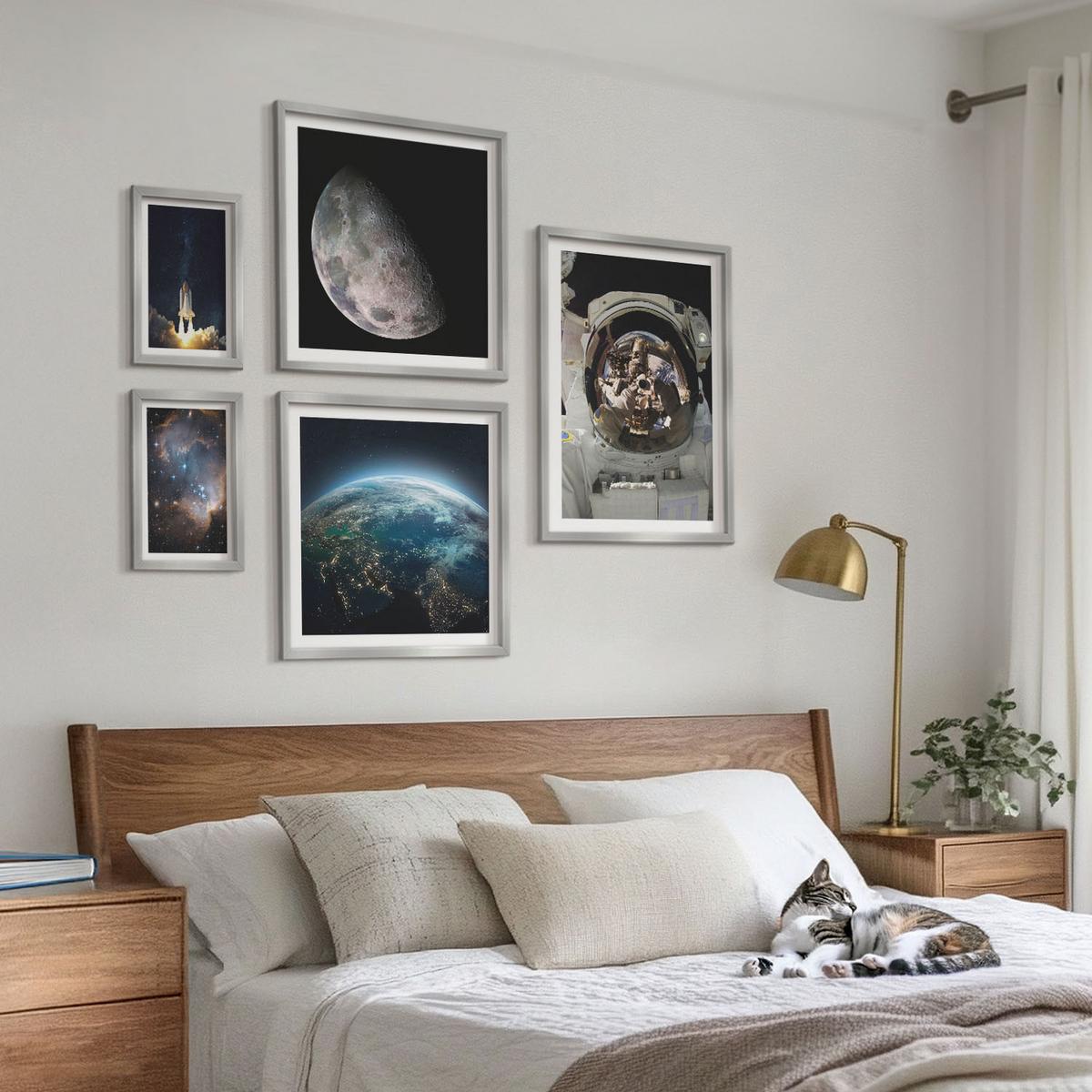 BILDER SET 5er Set - 50x50 cm & 20x30 cm & 40x60 cm Silberner Rahmen - Weltraum Erde Rakete Galaxie - Silberfarben, Kunststoff (40/60cm) - TULUP
