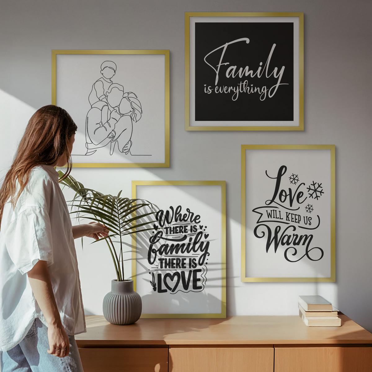 BILDER SET 4er Set - 50x50 cm & 40x60 cm Goldrahmen - Familie, Liebe, Wärme, Zuhause - Goldfarben, Kunststoff (50/50cm) - TULUP