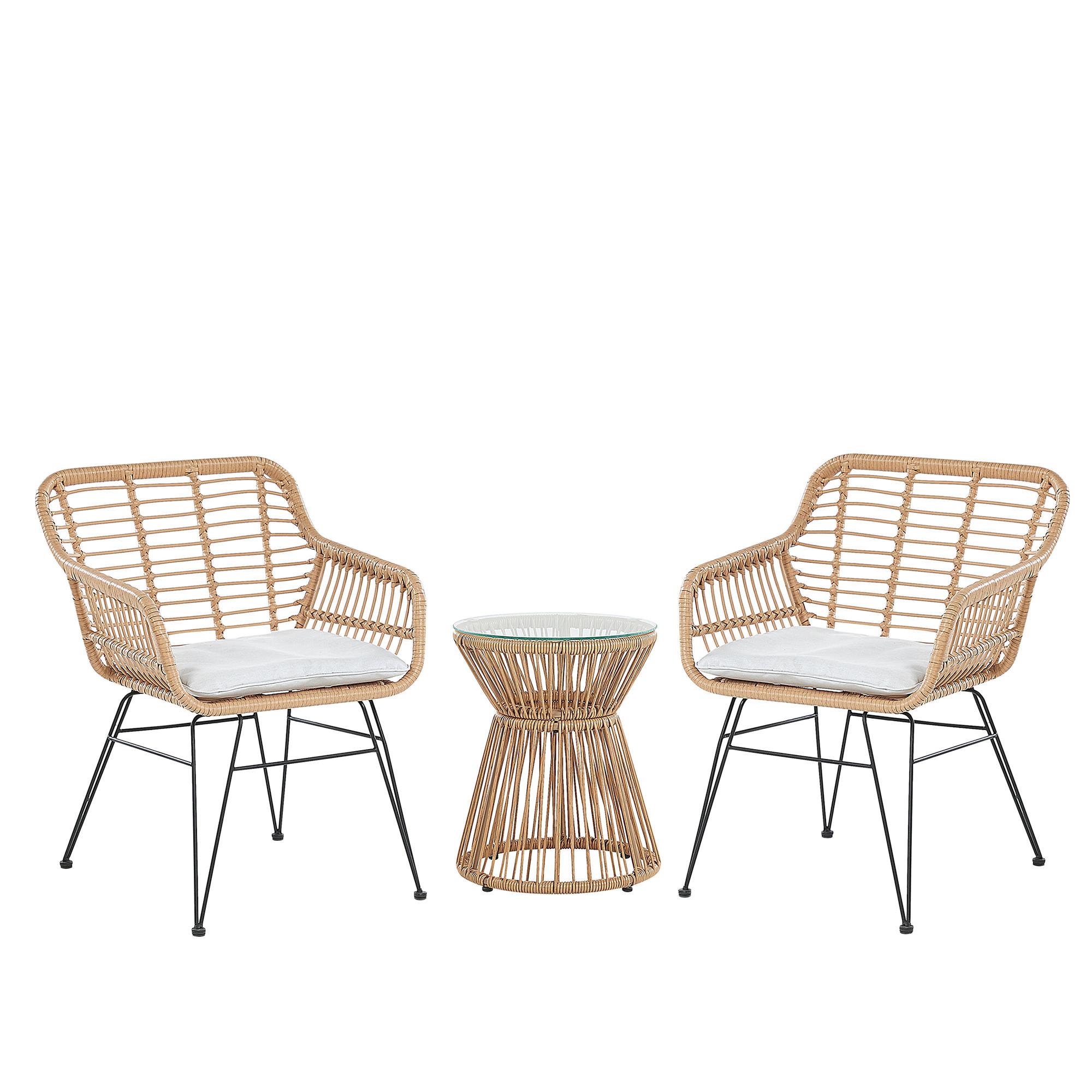 BALKONSET 2-Sitzer Rattan natürlich Auflagen hellgrau Trestina - Beige/Schwarz, Kunststoff - Beliani