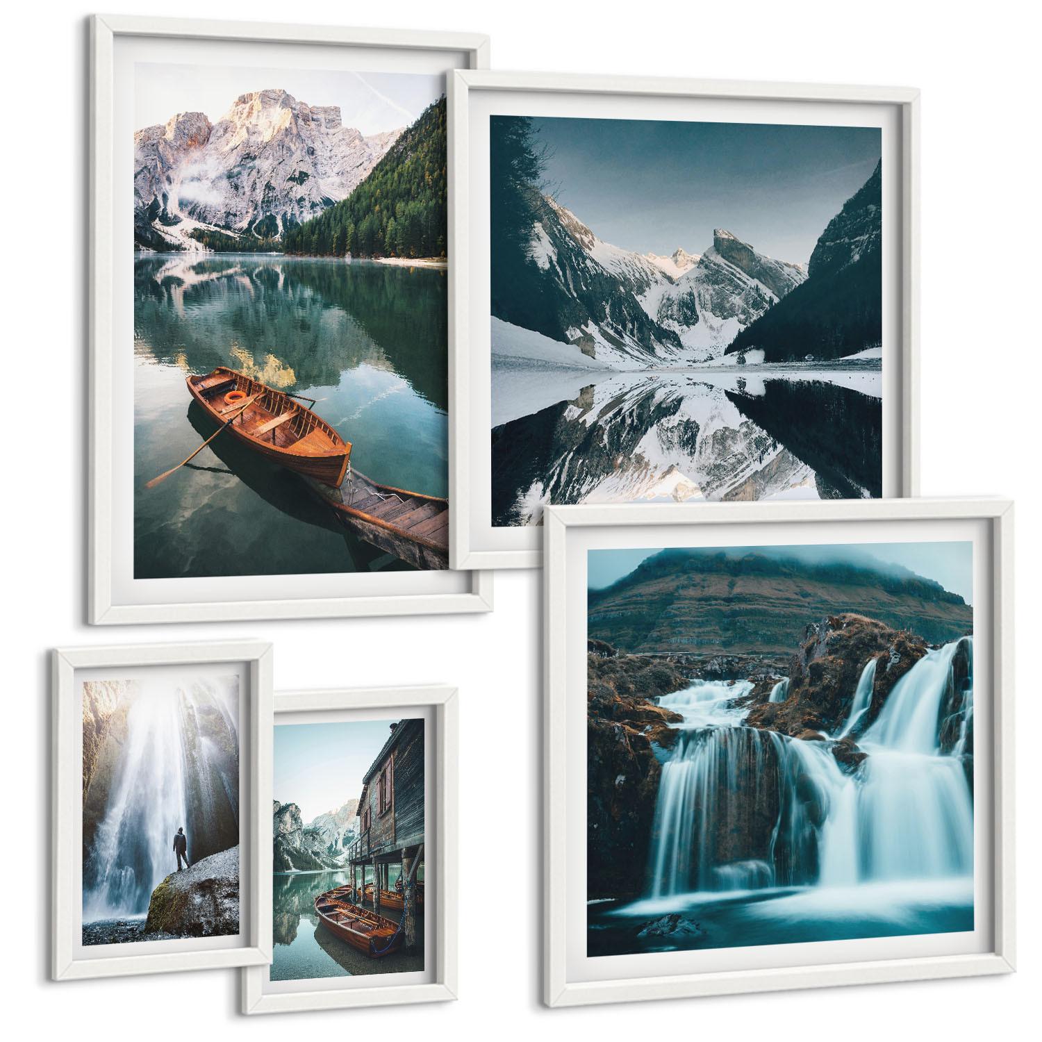 BILDER SET 5er Set - 50x50 cm & 20x30 cm & 40x60 cm Weißer Rahmen - Spiegelung der Boote auf Bergseen - Weiß, Kunststoff (40/60cm) - TULUP