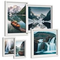 BILDER SET 5er Set - 50x50 cm & 20x30 cm & 40x60 cm Weißer Rahmen - Spiegelung der Boote auf Bergseen - Weiß, Kunststoff (40/60cm) - TULUP