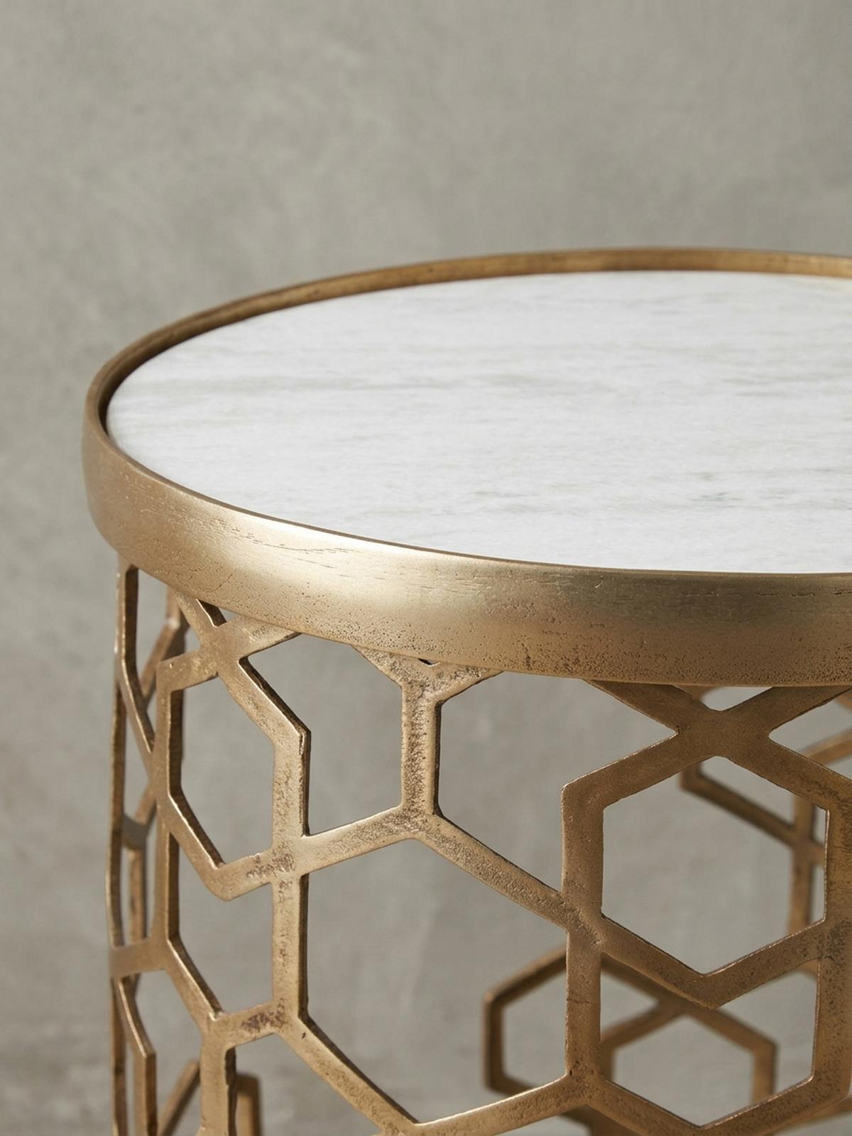 BEISTELLTISCH – Rund Marmoroptik Goldfarben Metall 44 cm Durchmesser - Goldfarben/Weiß, Stein/Metall (46/46/55cm) - KADIMA DESIGN