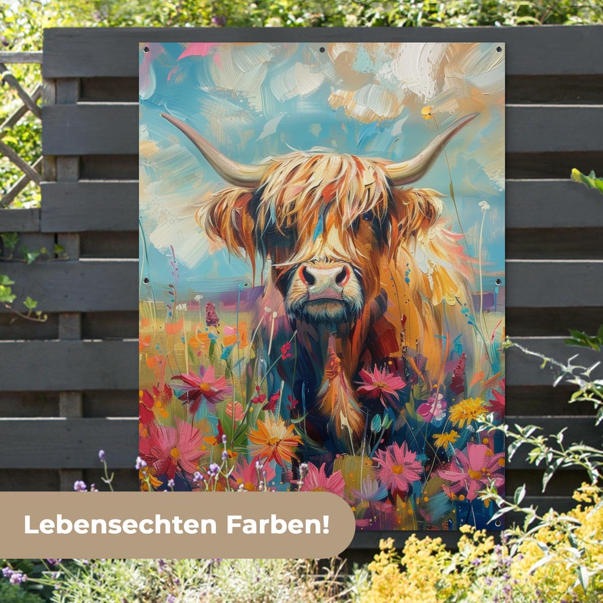GARTENPOSTER Schottische Hochländer - Natur - Farbenfroh - Blumen Gartendekoration 120x160 cm - Hellblau, Kunststoff (120/160/0.2cm) - OnlyWow