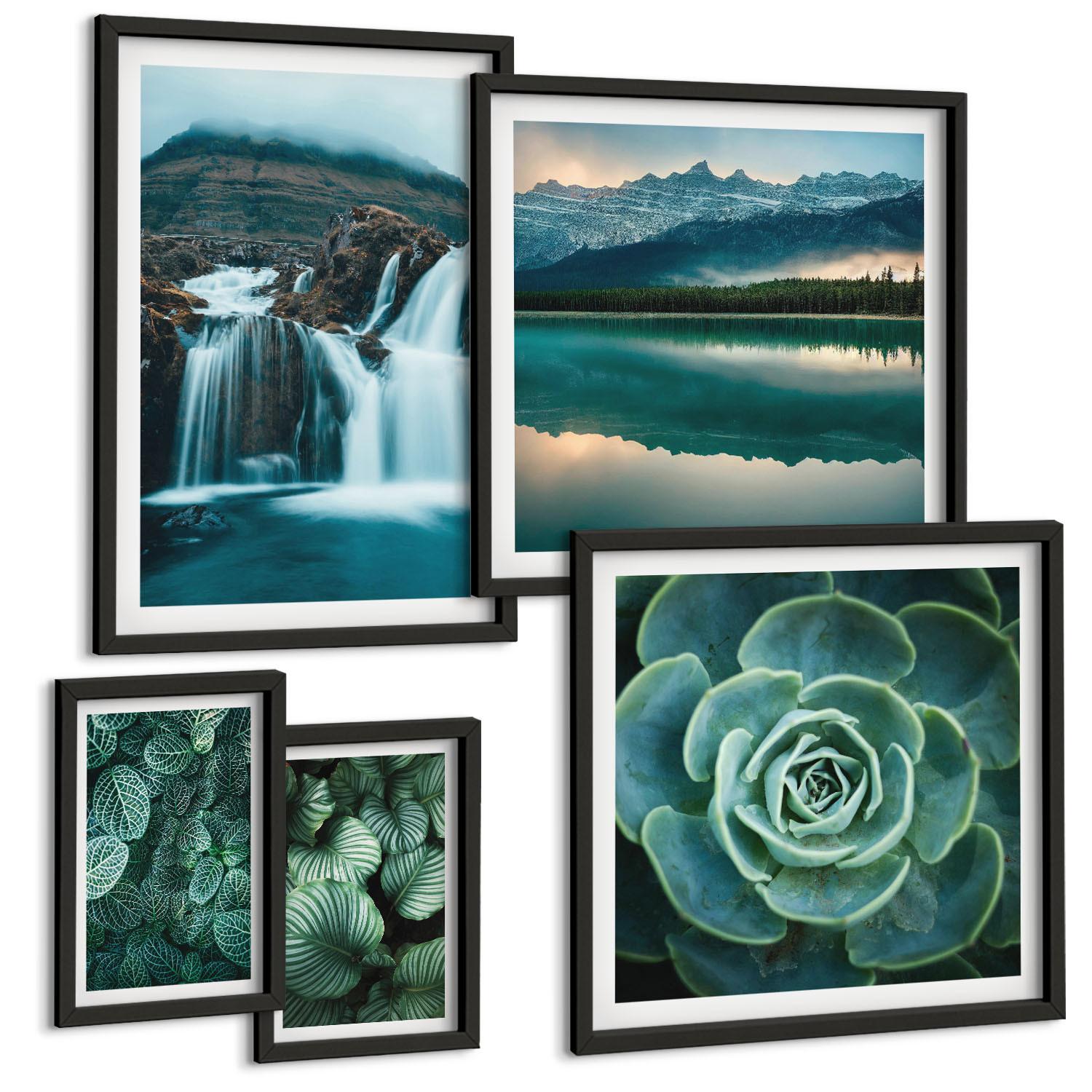 BILDER SET 5er Set - 50x50 cm & 20x30 cm & 40x60 cm Schwarzer Rahmen - Sukkulenten in Grün und Türkis - Schwarz, Kunststoff (40/60cm) - TULUP