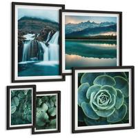 BILDER SET 5er Set - 50x50 cm & 20x30 cm & 40x60 cm Schwarzer Rahmen - Sukkulenten in Grün und Türkis - Schwarz, Kunststoff (40/60cm) - TULUP