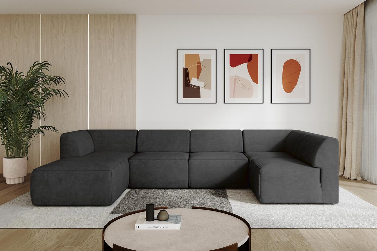 WOHNLANDSCHAFT Ottomane Links MOVO-L 345x180x78 cm Schwarz Velours - Schwarz, Holzwerkstoff/Kunststoff (345/78/180cm) - ALTDECOR