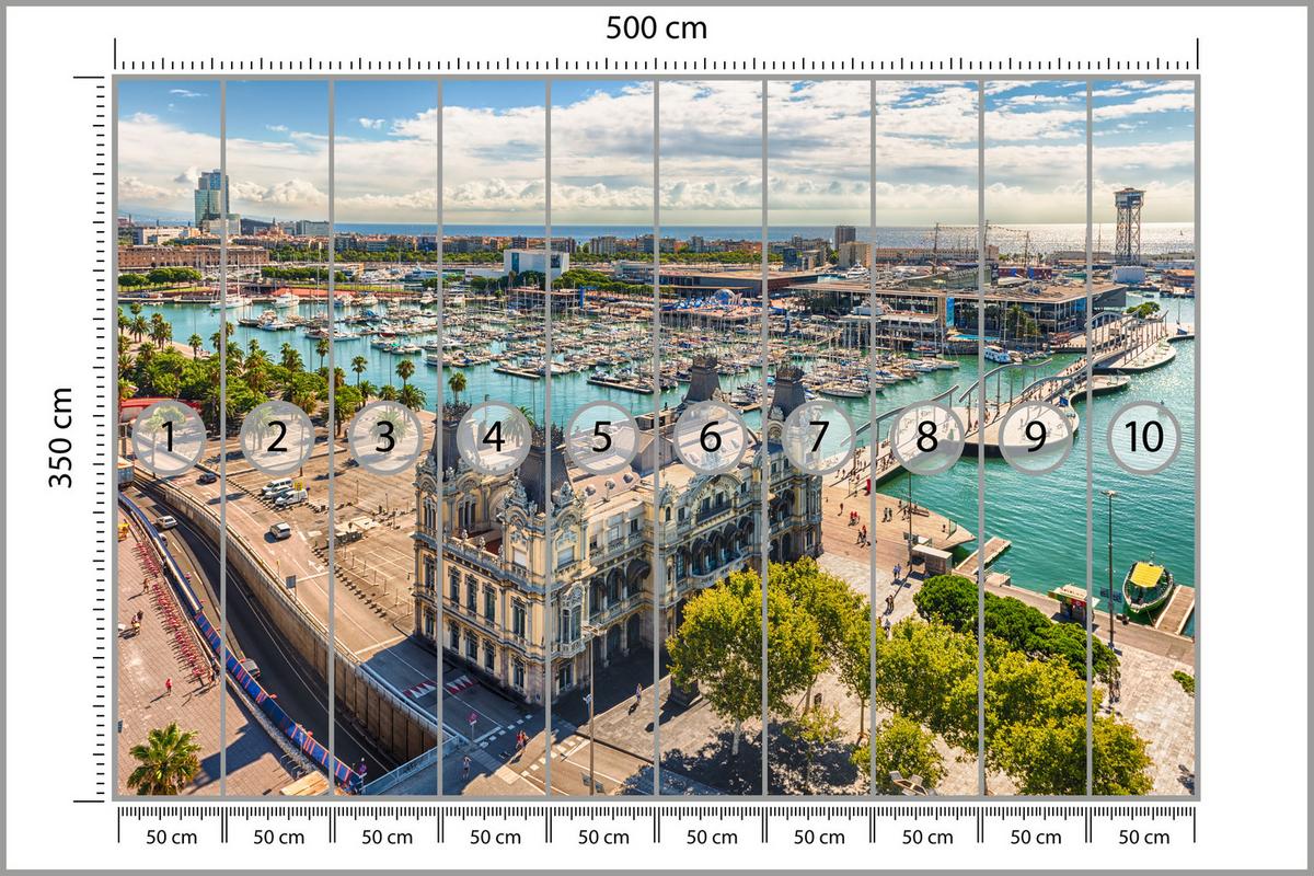 FOTOTAPETE für Wohnzimmer Barcelona Hafen Boote Denkmäler 500x350 - Türkis/Beige, Papier (500/350cm) - Muralo