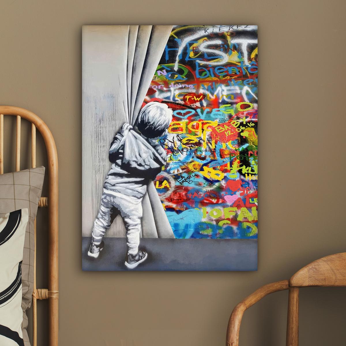 LEINWANDBILD Graffiti - Junge - Ilussie - Straßenkunst Wandbild Wohnzimmer 60x80 cm - Hellgrau, Textil (60/80cm) - MuchoWow