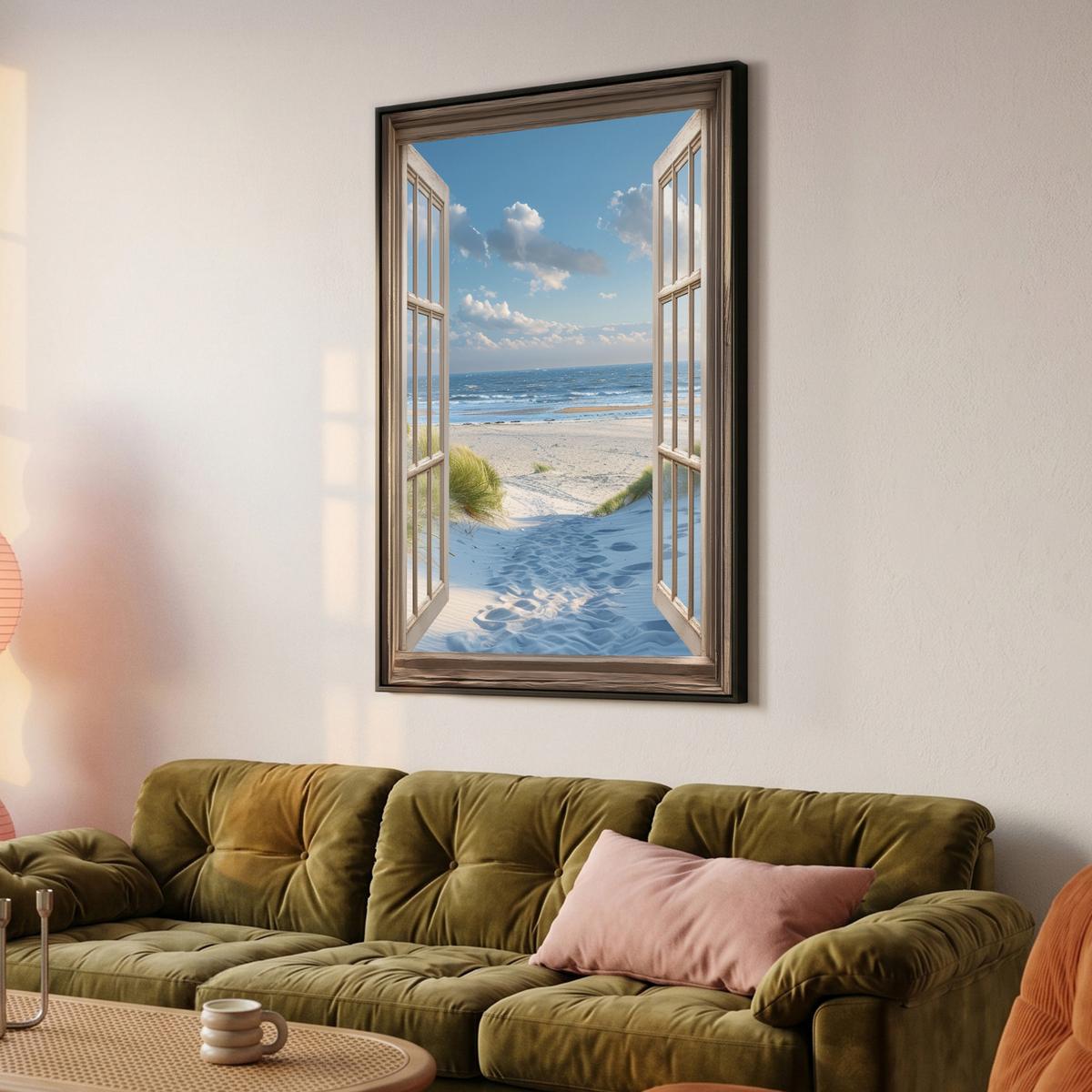 LEINWAND Bilder mit Rahmen - Aussicht - Strand - Fenster - Dünen - Meer - 100x150 - Hellblau, Textil (100/150cm) - MuchoWow