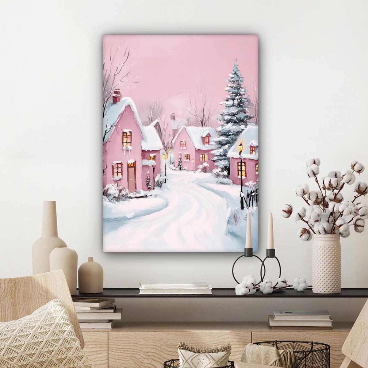 LEINWANDBILD Weihnachtsdorf - Rosa - Winter - Schnee - Häuser Wandbild Wohnzimmer 60x80 cm - Altrosa, Textil (60/80cm) - MuchoWow