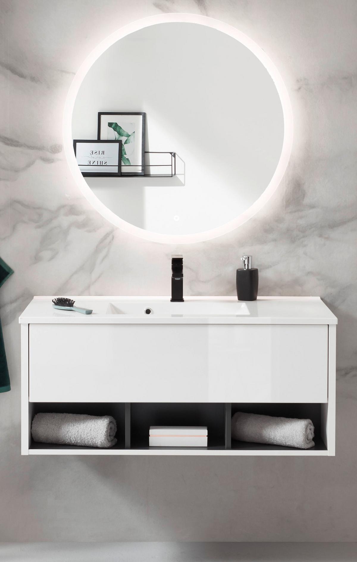 BADMÖBEL-SET weiß Hochglanz, grau, Kombination mit Waschbecken und LED Beleuchtung 100 cm - Weiß Hochglanz/Grau, Glas/Holzwerkstoff (100/190/47cm) - Furn.Design