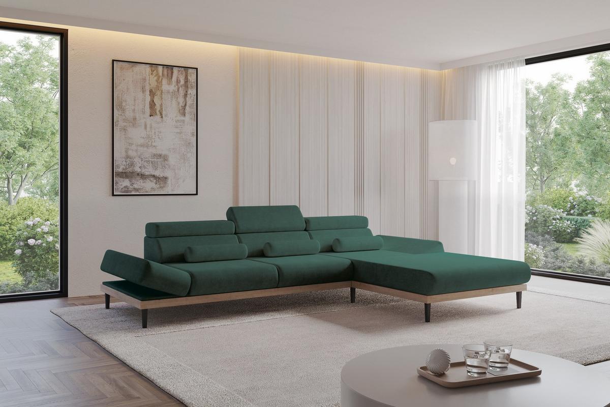 ELEKTRISCHES ECKSOFA Rechts MONA 316x205x85 Grün Velours - Dunkelgrün/Grün, Holzwerkstoff/Textil (316/205cm) - ALTDECOR