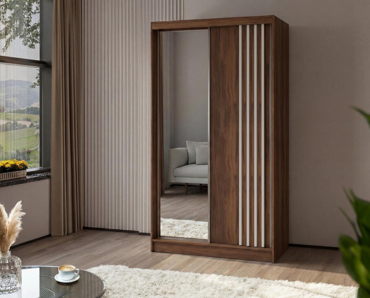 SCHWEBETÜRENSCHRANK NELVIA 120/216/61 cm Modern Kleiderschrank 2-türig mit Spiegel Nussbaumfarben - Nussbaumfarben, Holzwerkstoff (120/216/61cm) - MASSENO