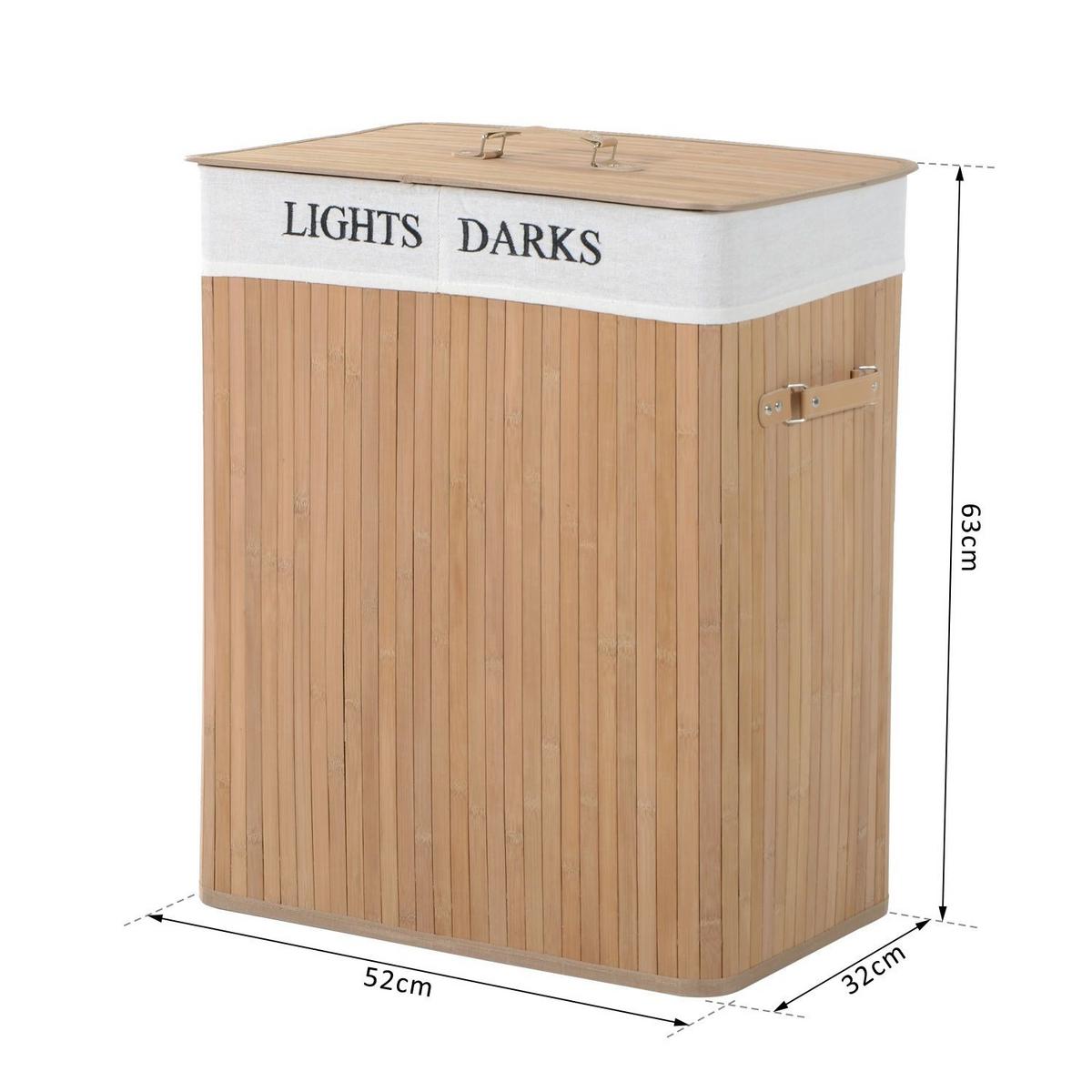 100L Wäschekorb Wäschebox Wäschesammler Wäschesortierer 2 x Fach Bambus - Naturfarben, Naturmaterialien (32/63/52cm) - HOMCOM