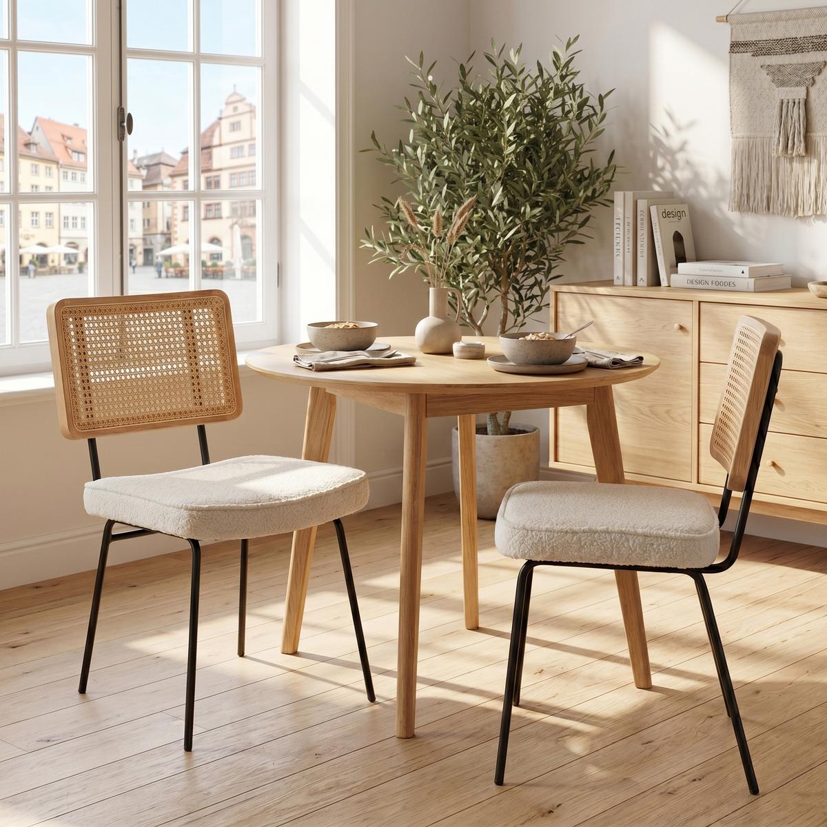 ESSZIMMERSTUHL 2er-Set Vintage PU-Leder Rattan-Optik Holz & Metallfüße - Creme, Textil (47/82/58cm) - Urban Meuble