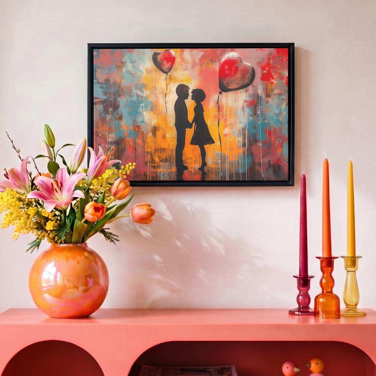 LEINWAND Bilder mit Rahmen - Straßenkunst - Liebe - Graffiti - Kunst - Banksy - 30x20 - Orange, Textil (30/20cm) - MuchoWow