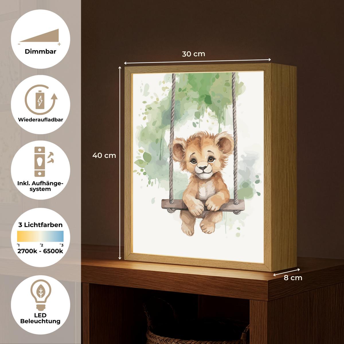 WANDLEUCHTE MIT AKKU Löwe - Tier - Kinder - Dschungel 30x40 cm - Weiß, Holzwerkstoff (30/40/8cm) - OnlyWow
