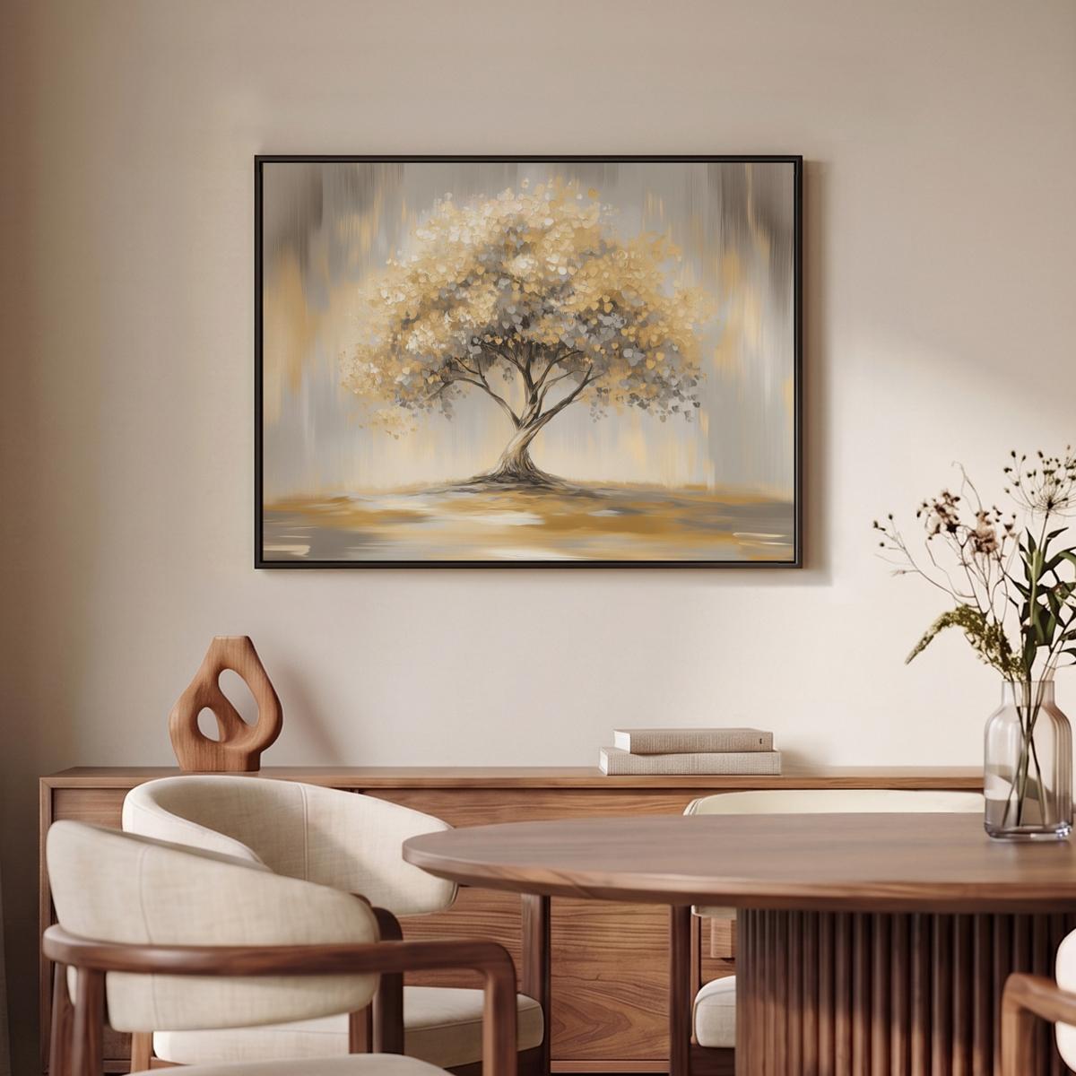 LEINWAND Bilder mit Rahmen - Gemälde - Baum - Abstrakt - Blätter - 70x50 - Beige, Textil (70/50cm) - MuchoWow