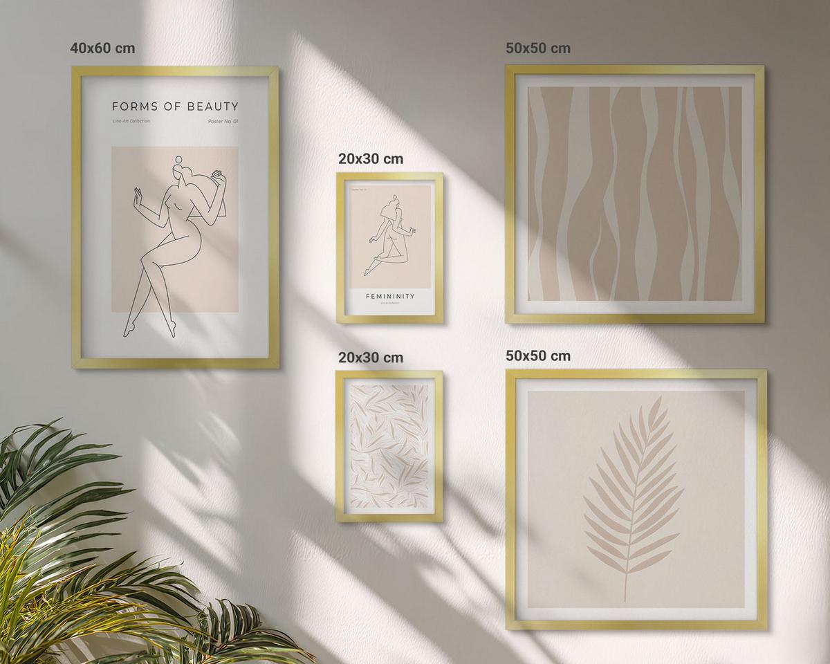 BILDER SET 5er Set - 50x50 cm & 20x30 cm & 40x60 cm Goldrahmen - Minimalistische Pflanzenmotive - Goldfarben, Kunststoff (40/60cm) - TULUP