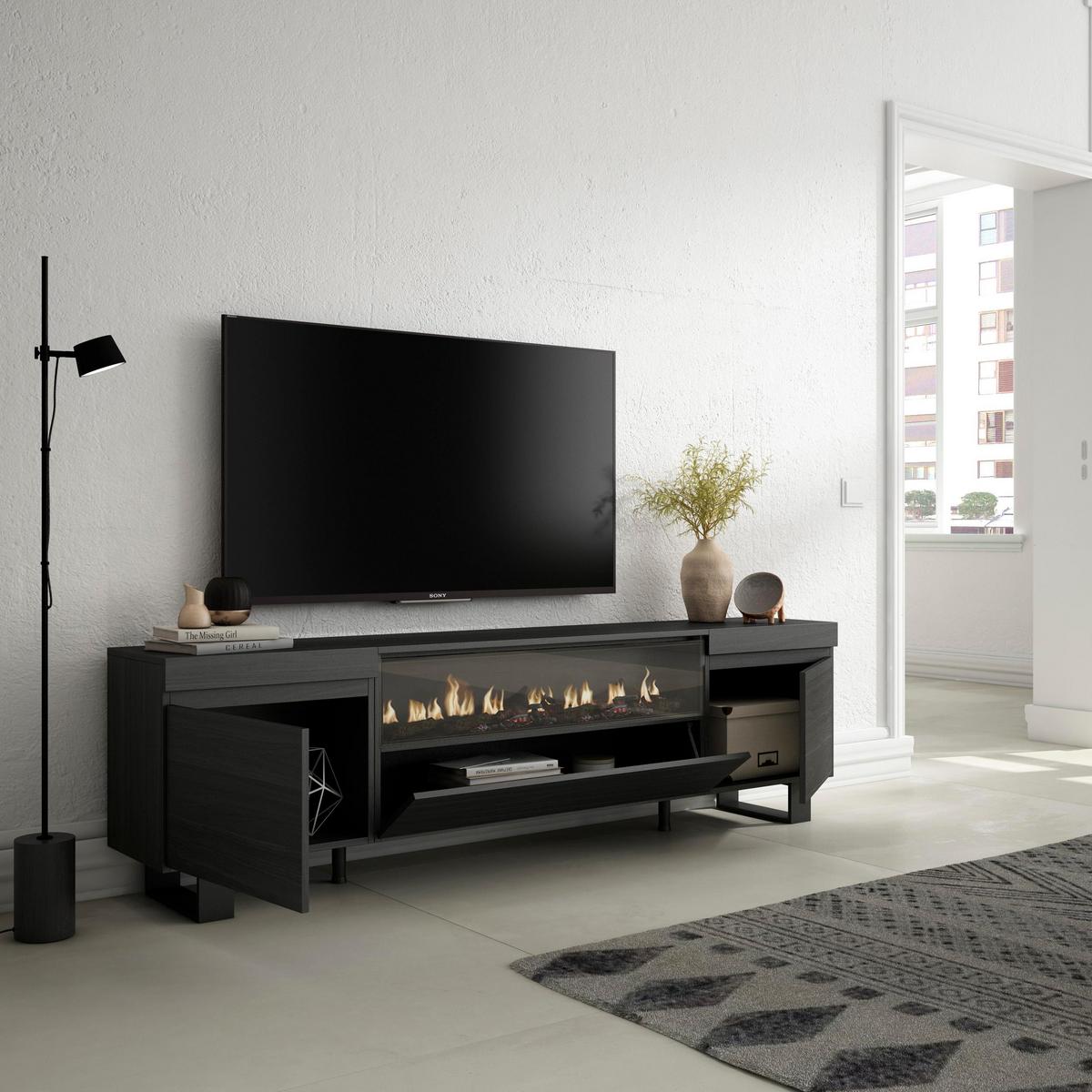 LOWBOARD mit Elektrokamin, Schwarz, 200/35/57cm - Anthrazit, Holzwerkstoff (200/57/35cm) - Skraut Home