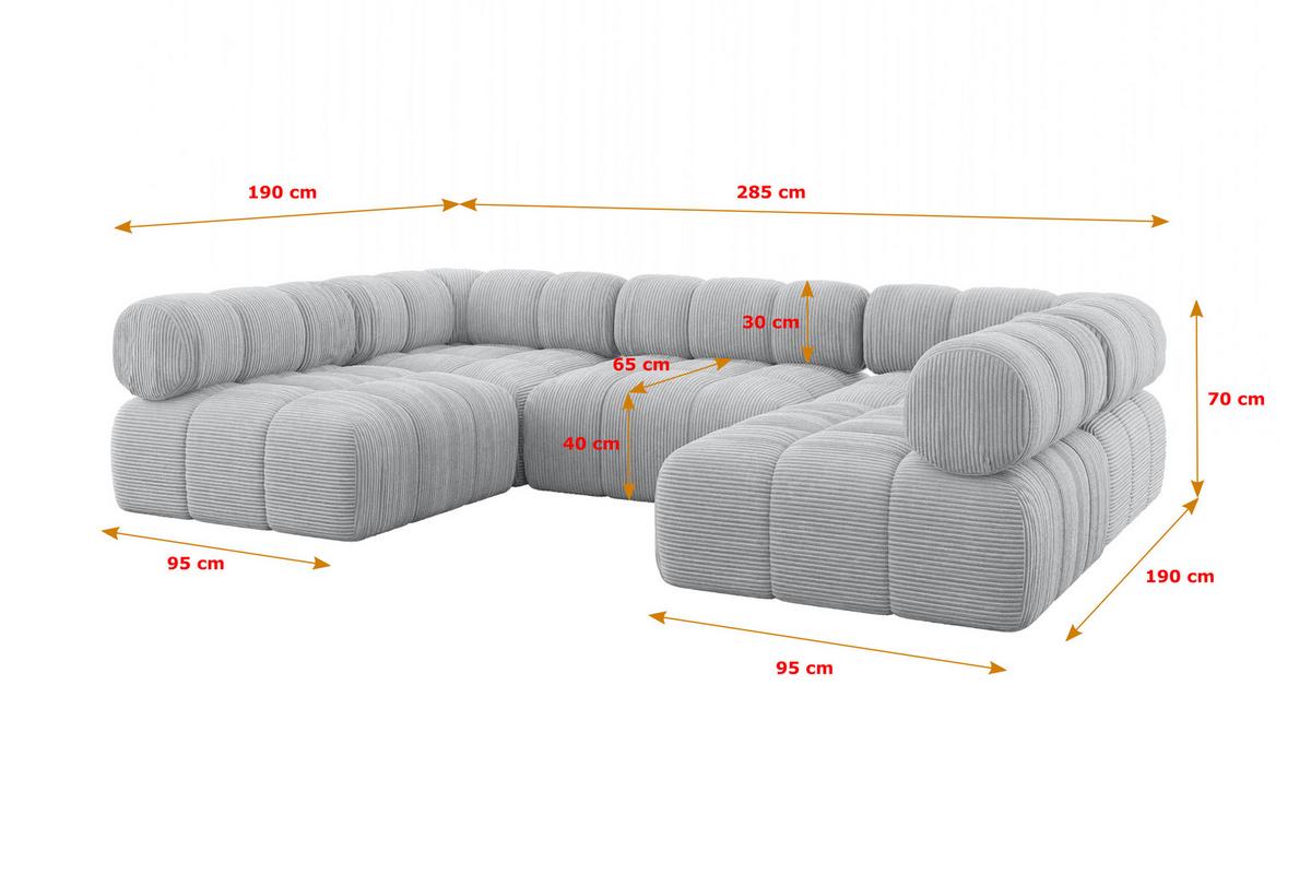 WOHNLANDSCHAFT modulares Sofa Garvo-U1 - 285x190x70 cm Grau Cord - Grau, Holzwerkstoff/Textil (285/70/190cm) - ALTDECOR