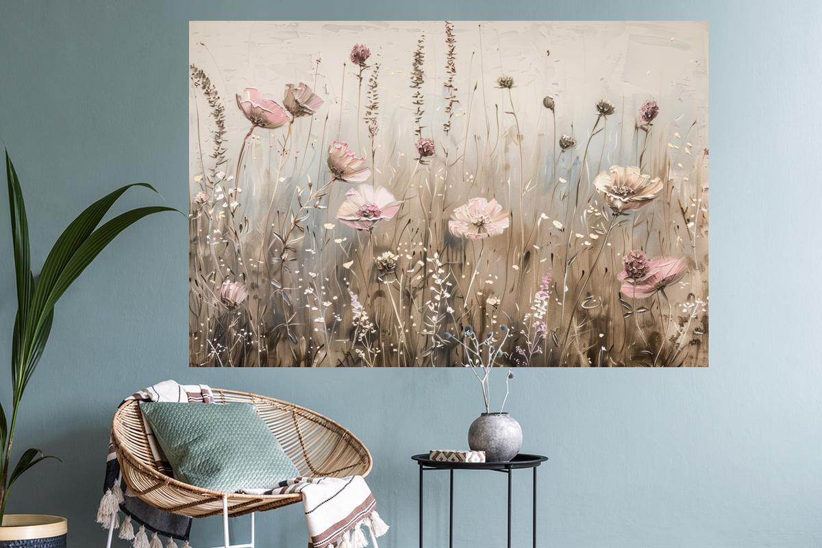 WANDTATTOO Blumen - Rosa - Modern - Beige Wandsticker 120x80 cm - Beige, Kunststoff (120/80/0.1cm) - MuchoWow