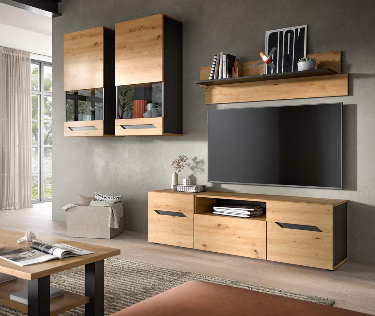 WOHNWAND Eiche Artisan und Grau, Set mit 2x Vitrine hängend / stehend, Breite 260 cm - Dunkelgrau/Schwarz, Glas/Holzwerkstoff (354/196/40cm) - Inn.Furn
