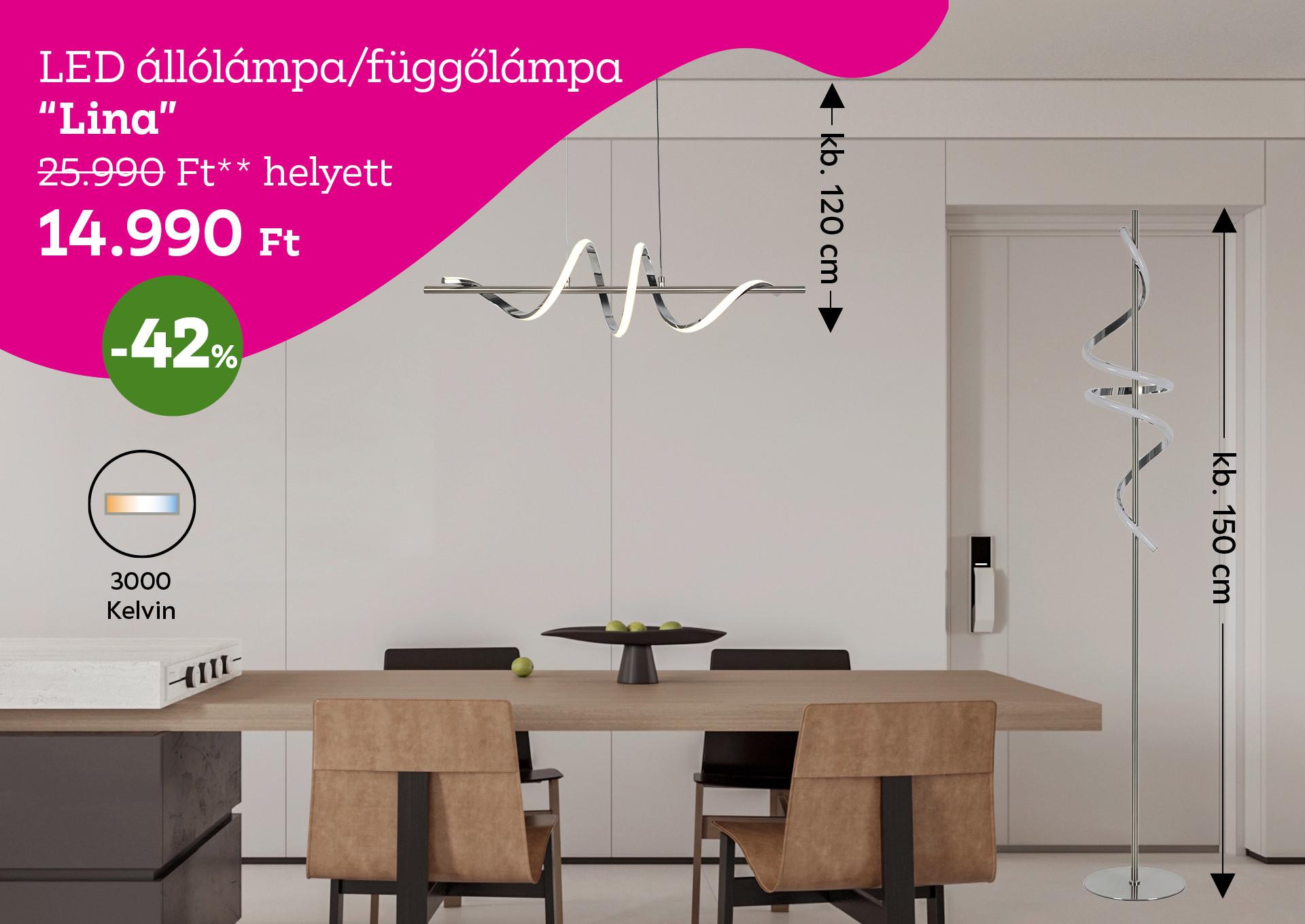 LED állólámpa/függőlámpa LINA 25990 Forint helyett 14990 Forint, kedvezmény mértéke 42%