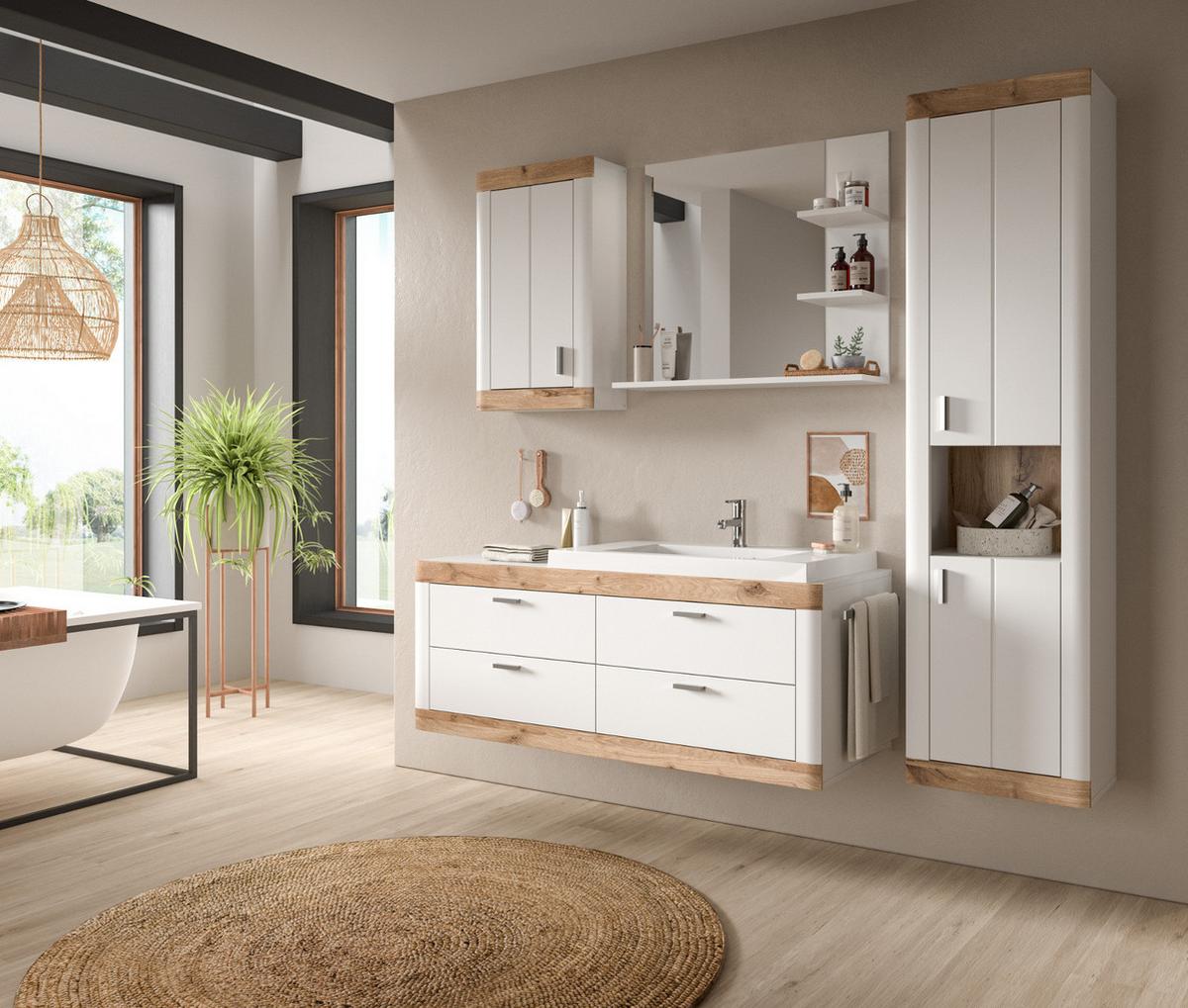 HOCHSCHRANK weiß, Eiche 45 cm, Badschrank mit Soft-Close - Eichefarben/Silberfarben, Holzwerkstoff/Kunststoff (45/172/30cm) - Inn.Furn