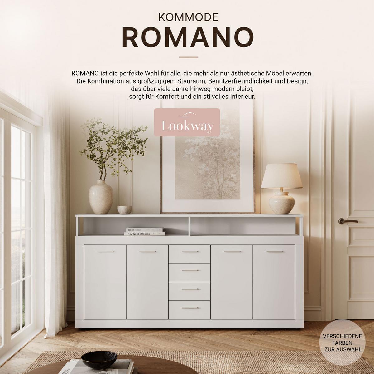 KOMMODE ROMANO mit Schubladen - Weiß, Holzwerkstoff (190/96/32cm) - Lookway