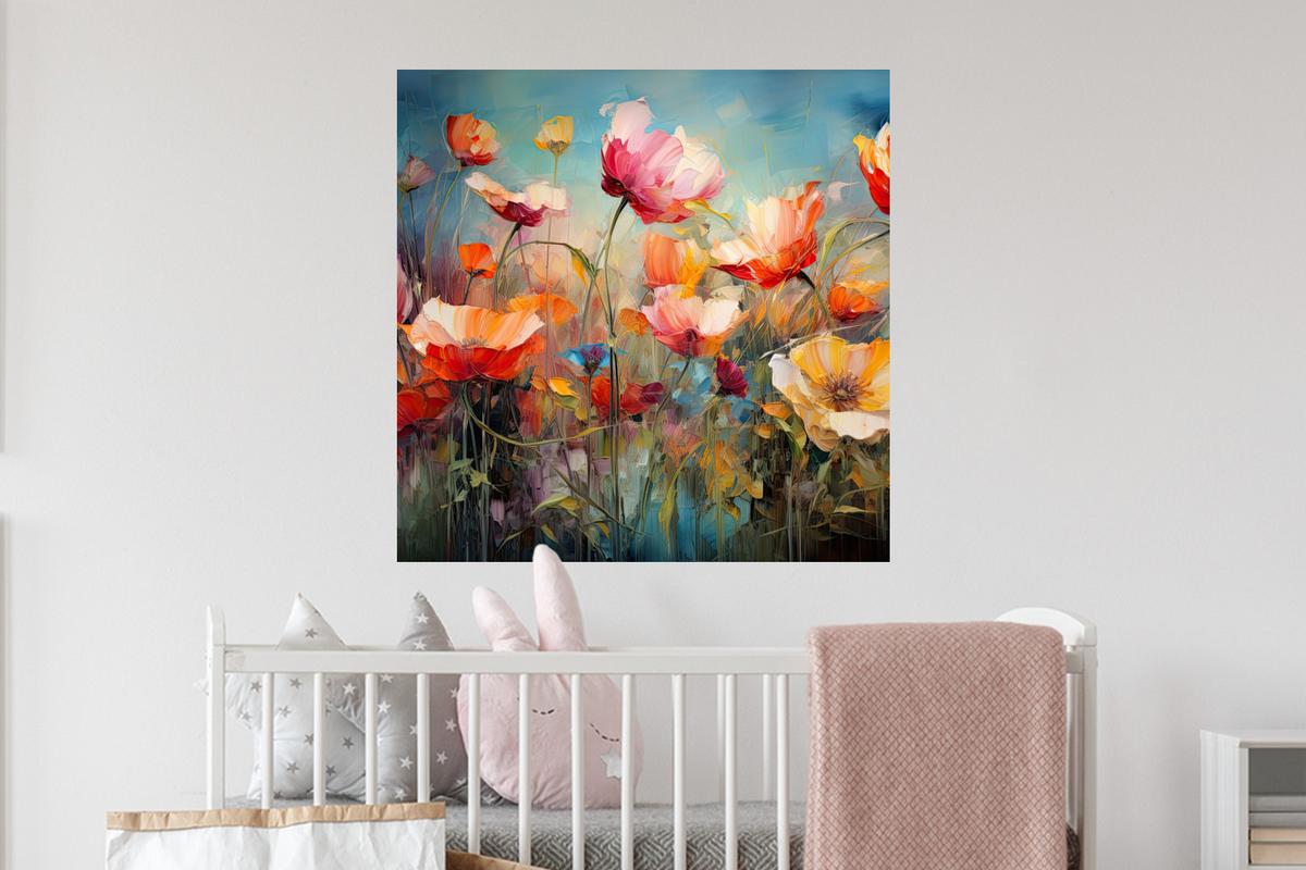 WANDTATTOO Blumen - Aquarell - Kunst - Botanisch - Natur Wanddeko 50x50 cm - Orange, Kunststoff (50/50/0.1cm) - MuchoWow