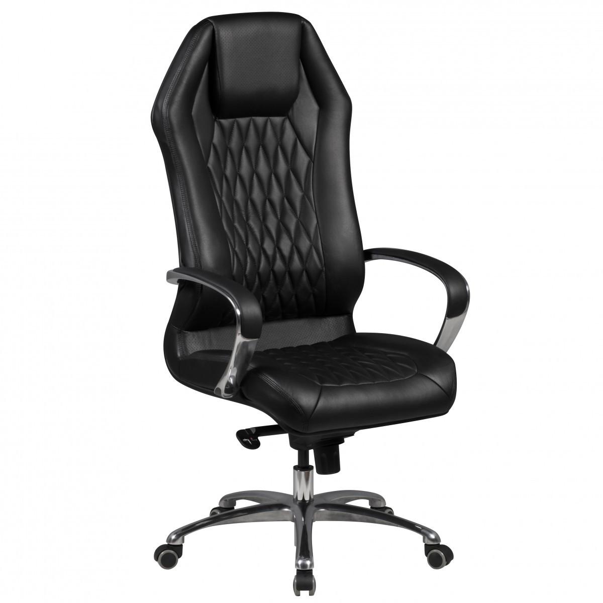 CHEFSESSEL Echtleder mit Multiblockwippmechanik, Lendenwirbelstütze und Aluminiumfußkreuz MILANO, Schwarz 70x67x136 cm - Silberfarben/Schwarz, Leder/Metall (70/136/67cm) - KADIMA DESIGN