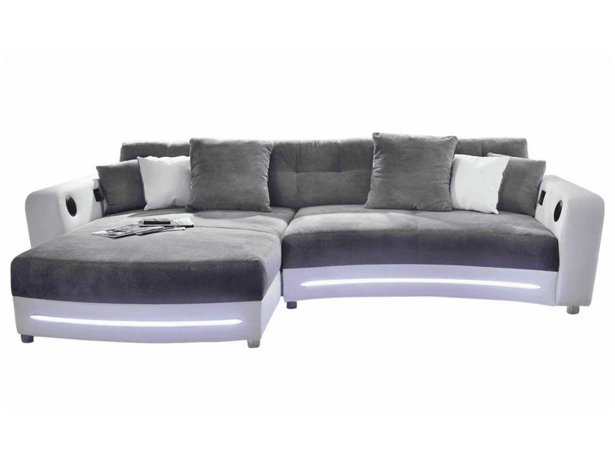 MULTIMEDIA-ECKSOFA Soundsystem RGB-LED Beleuchtung Bluetooth USB AUX-in, seitenverkehrt montierbar B322/T190/H88cm, Kunstleder Weiß-Mikrof.Grau/15410 - Chromfarben/Weiß, Kunststoff/Textil (322/88/190cm) - luma-home