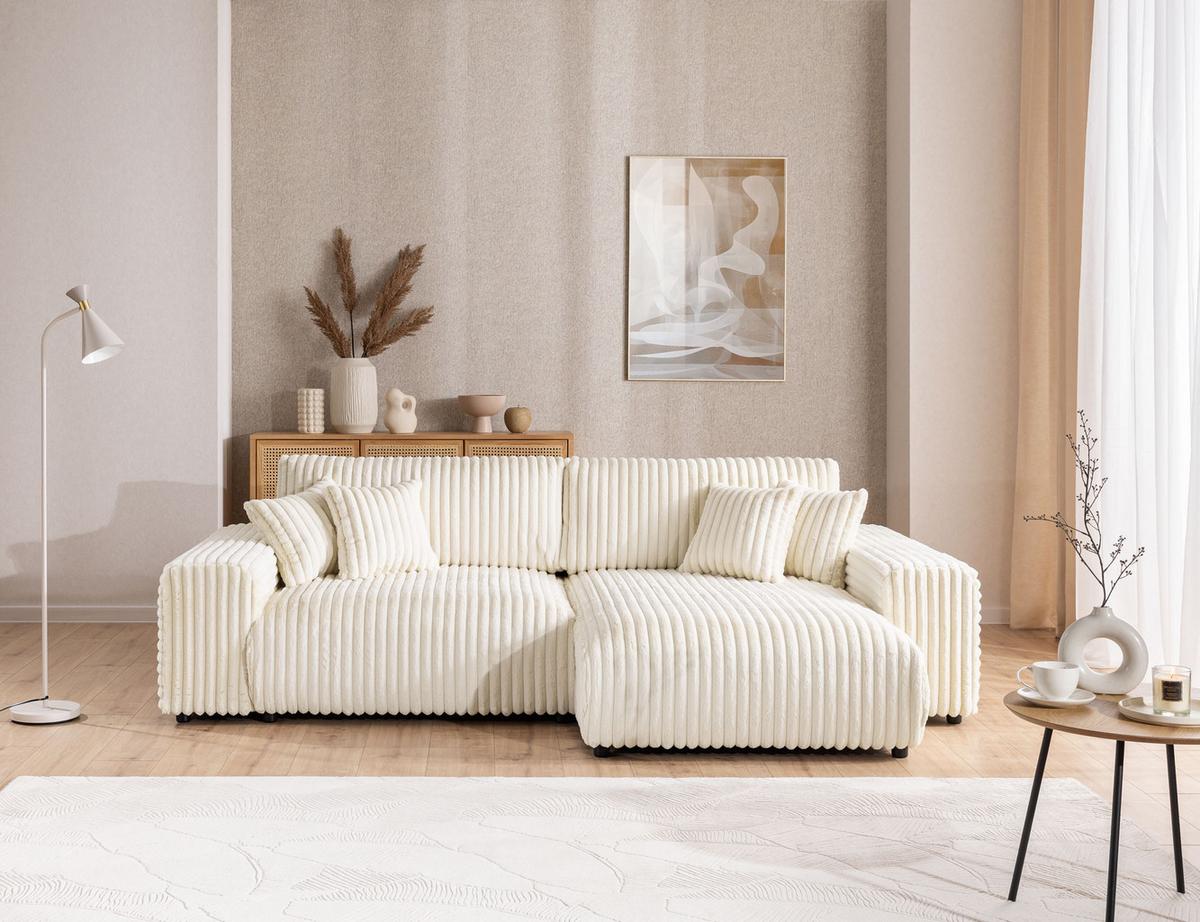 ECKSOFA Mollis Hellbeige Plüschcord - Ottomane Rechts - Beige/Schwarz, Holz/Kunststoff (255/168cm) - S-Style Möbel