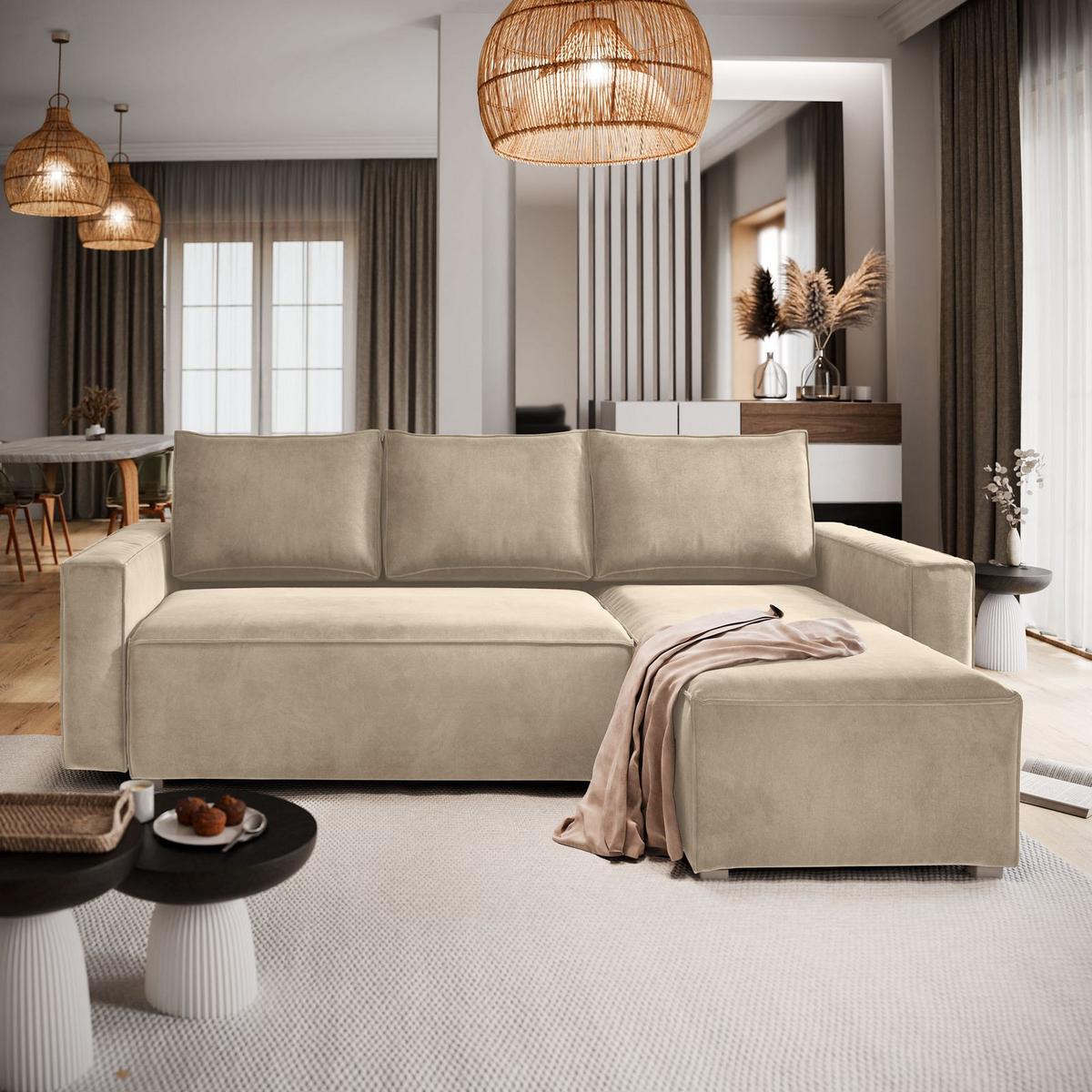 ECKSOFA SILES Creme Velours-Stoff mit Schlaffunktion - Creme/Grau, Holz/Kunststoff (230/140cm) - MASSENO