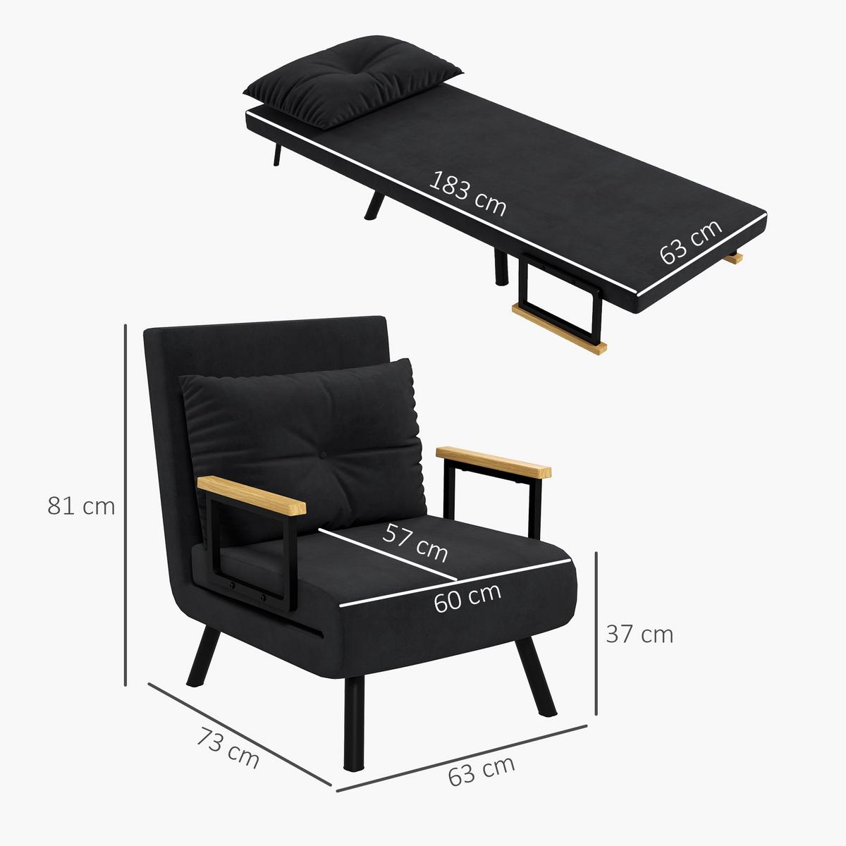 SCHLAFSESSEL, Einzelsofa mit Bettfunktion, Relaxsessel mit Rückenkissen Schwarz - Schwarz/Naturfarben, Holz/Textil (63/81/73cm) - HOMCOM