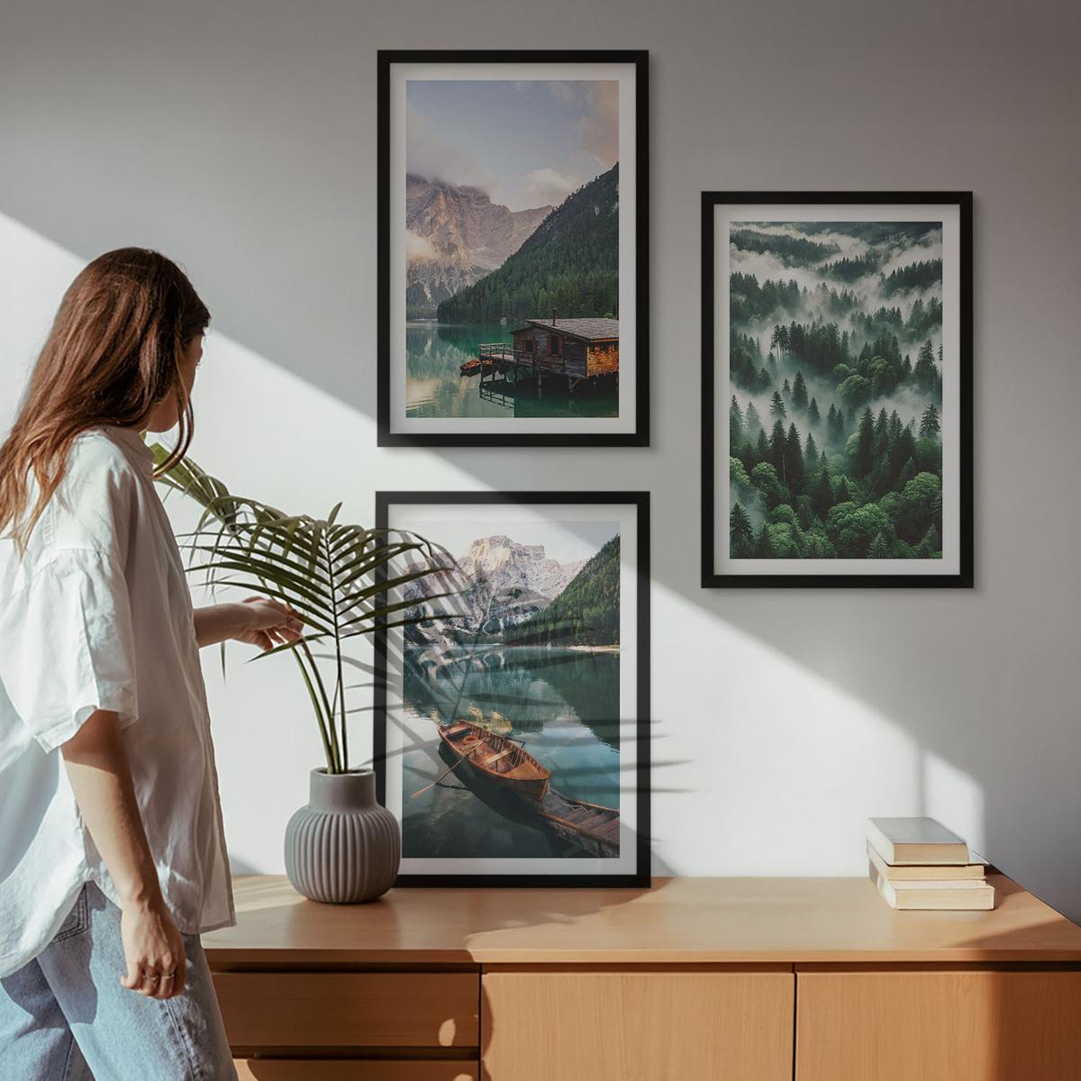 BILDER SET 3er Set - 40x60 cm Schwarzer Rahmen - Bergsee, Boot, Waldnebel - Schwarz, Kunststoff (40/60cm) - TULUP