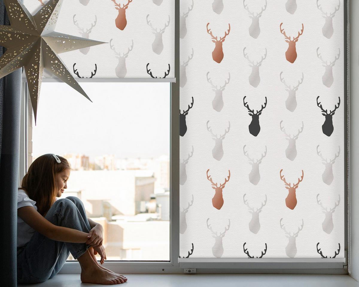 INNENROLLO - Fensterrollo - Rollo - 100x140 cm - Gezogene Hirschköpfe - Weiß, Kunststoff (100/140/0.5cm) - TULUP