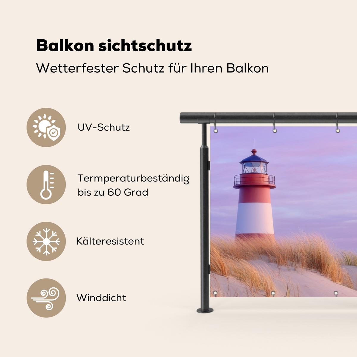 BALKON-SICHTSCHUTZ Leuchtturm - Dünen - Sonnenuntergang Witterungsbeständig 200x90 cm - Hellrosa, Kunststoff (200/90cm) - MuchoWow