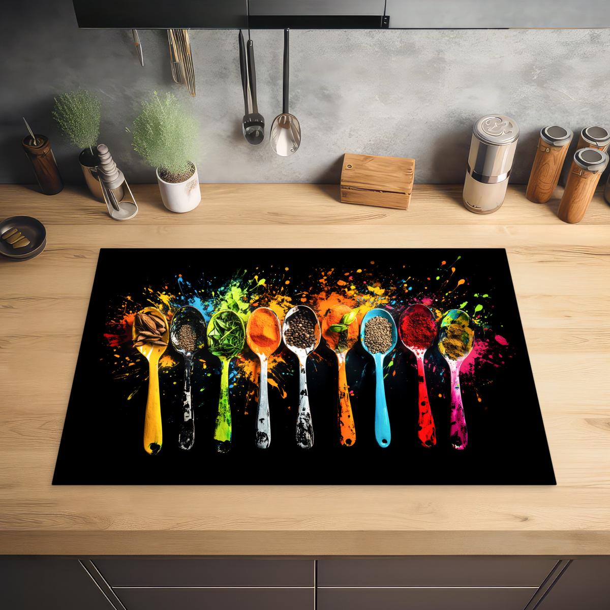 HERDABDECKPLATTE Löffel - Gewürze - Modern - Graffiti - Farbe - Farbenfroh Induktionsmatte 77x51 cm - Multicolor, Kunststoff (77/51/0.2cm) - MuchoWow