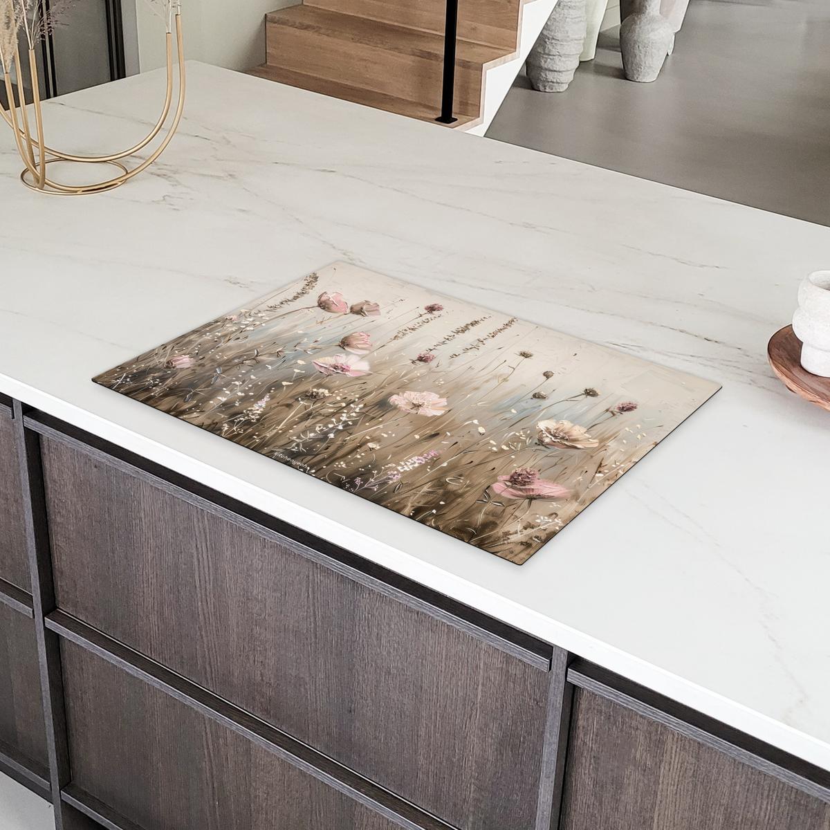 HERDABDECKPLATTE Blumen - Beige - Trockenblumen Induktionsmatte 77x51 cm - Beige, Kunststoff (77/51/0.2cm) - MuchoWow